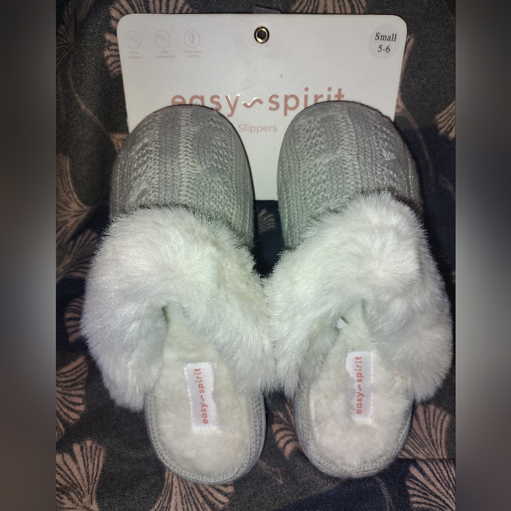 Easy Spirit Cable Knit Slippers with Faux Fur